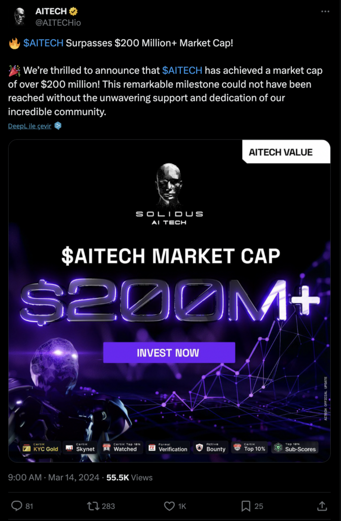 Solidus Ai Tech (AITECH) Receives Bullish Rating from InvestorsObserver, Surges 33.37% Amidst Broader Crypto Market Uptick